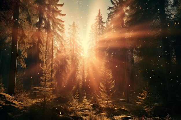 Sun flare creating a magical effect in a forest