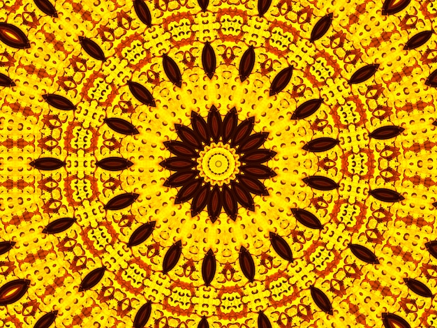 Photo sun flower kaleidoscope background. beautiful yellow sunflowers seamless pattern. unique kaleidoscope mosaic texture. summer time flowers theme.