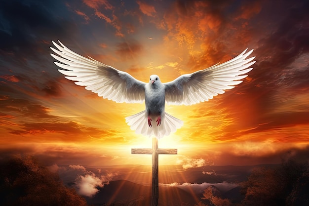太陽の森の鳩と十字架は生命と再生を象徴しています