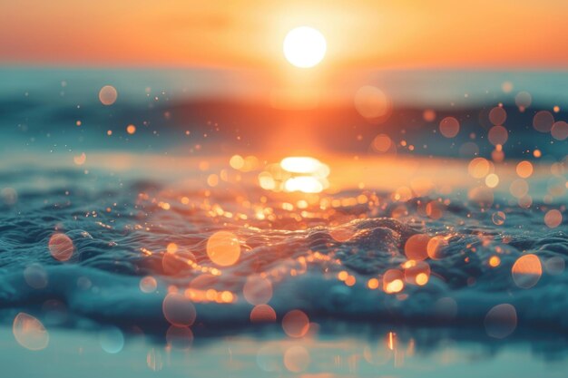 물 위의 태양 섬광 일몰 시 바다와 해변의 추상적 흐릿한 배경
