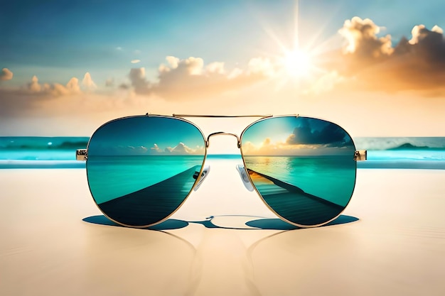 Sun glasses with tropical beach reflection ai generated