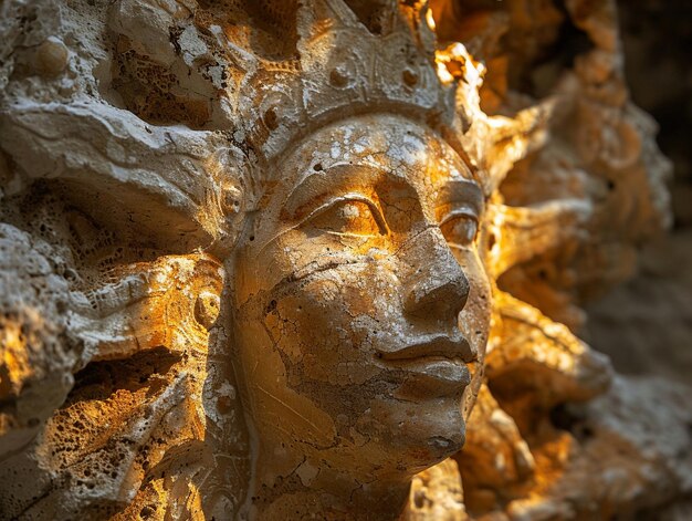 Sun god inti carvings bathed in golden light the deitys image blends with the stone