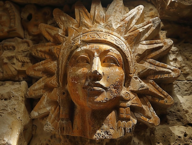 태양 신 인티의 조각은 황금빛으로 여 있으며, 신의 이미지는 돌과 여 있습니다.