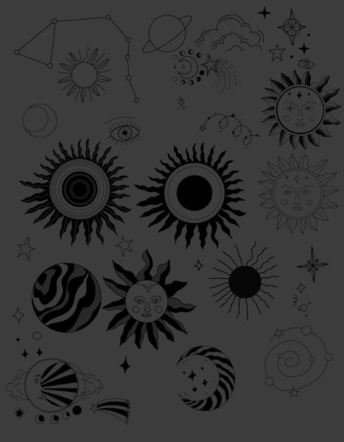 sun graphics symbols astrology tarot cute cartoon coloring tattoo set separately on a white