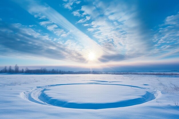 雪に覆われた風景の上の太陽の光