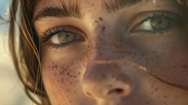 Photo the sun has left its mark on her skin in the form of a tering of light brown freckles adding depth