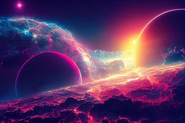 The sun illuminates the planets in space among the stars 3D illustration