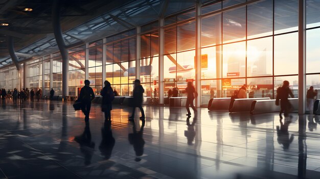 Sun illuminating the hall of an airport with people around during sunset