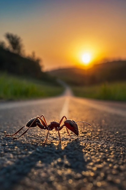 The sun is just rising and a cute little ant is looking for food on the road