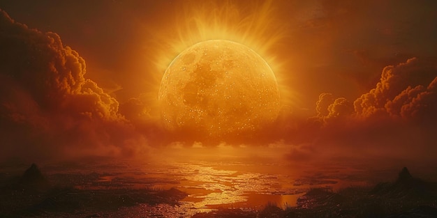太陽は海の上に昇り月は赤くなっています
