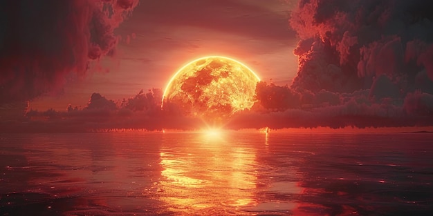 太陽は水の上に昇っており太陽は赤い