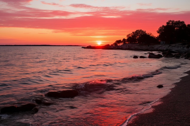 Солнце садится над водой.