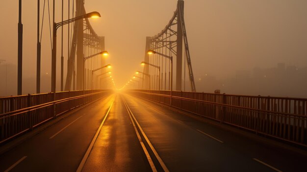 the sun is setting over the bridge