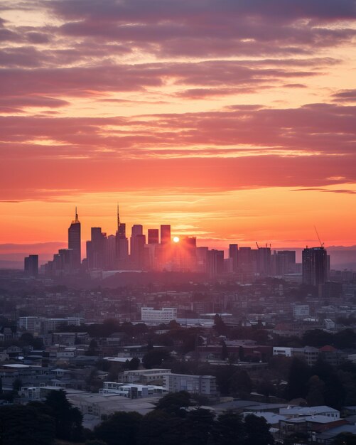 Photo the sun is setting over a city skyline