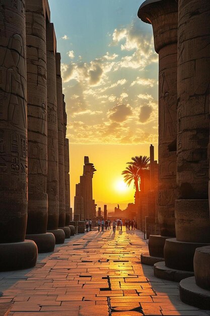 Photo the sun is setting behind the columns of a temple