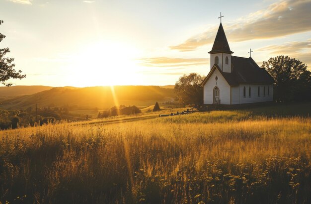 the sun is setting over a country church