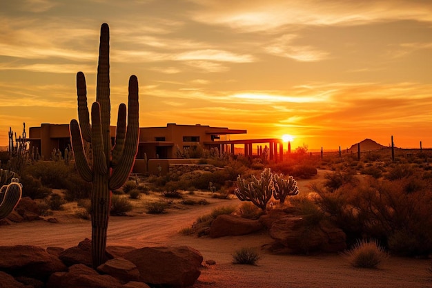 Photo the sun is setting over a desert area