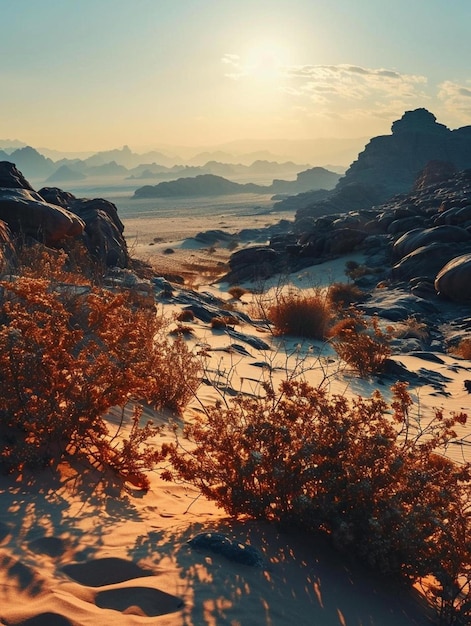 The sun is setting over a desert landscape