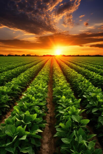 Foto il sole sta tramontando dietro un campo di fagioli