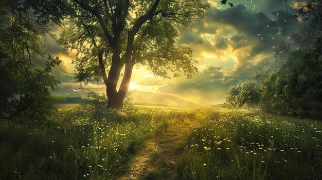 The sun is setting over a field of flowers A large tree is in the foreground and there is a path leading into the distance