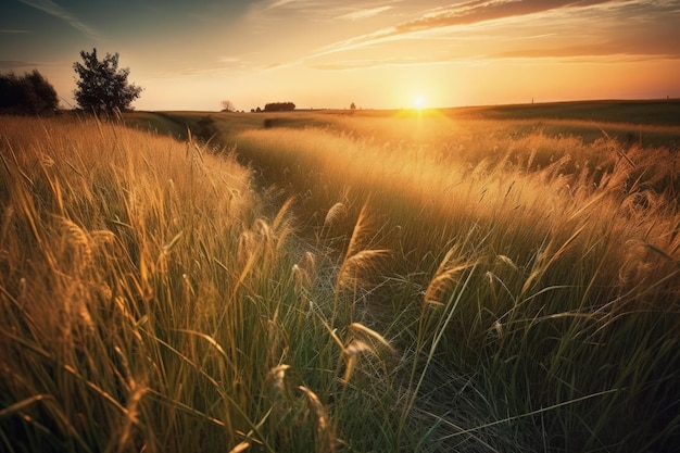 The sun is setting over a field of tall grass generative AI