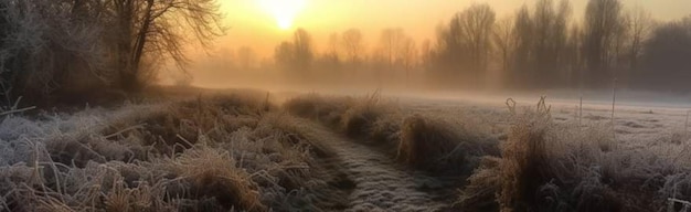 The sun is setting over the field behind the trees