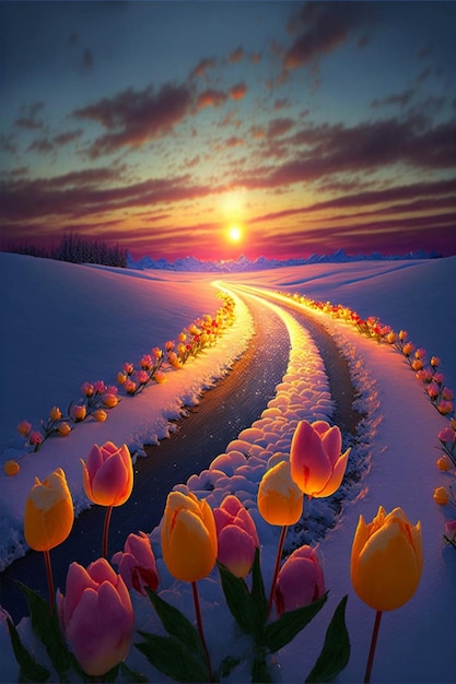 The sun is setting over a field of tulips generative ai