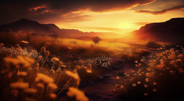 The sun is setting over a field of wildflowers generative AI