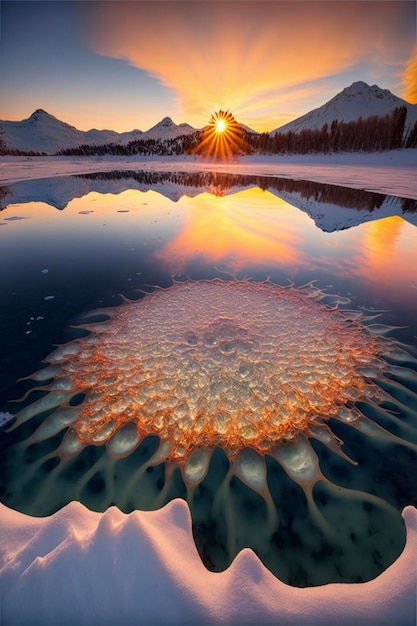 The sun is setting over a frozen lake generative ai