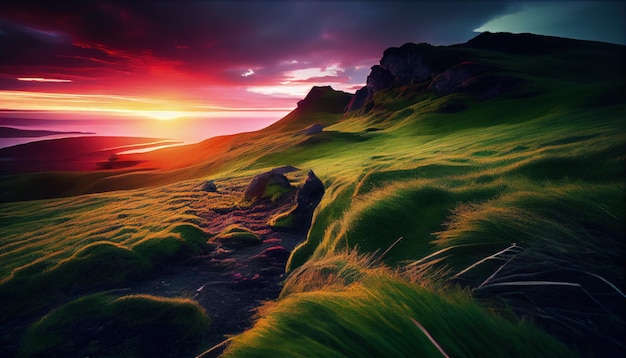 The sun is setting over a grassy hill generative AI