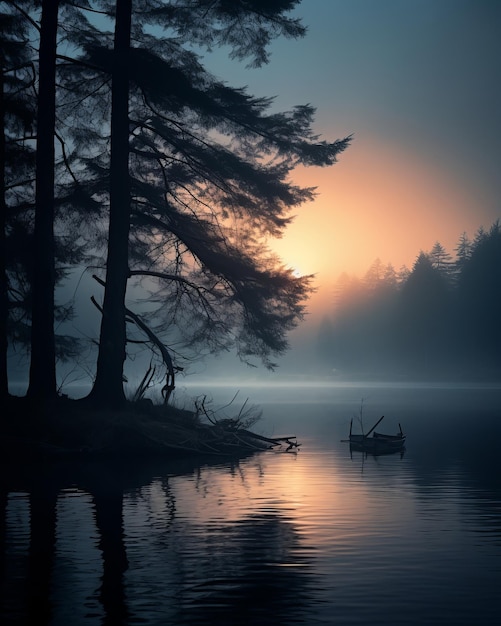 the sun is setting over a lake with trees in the background