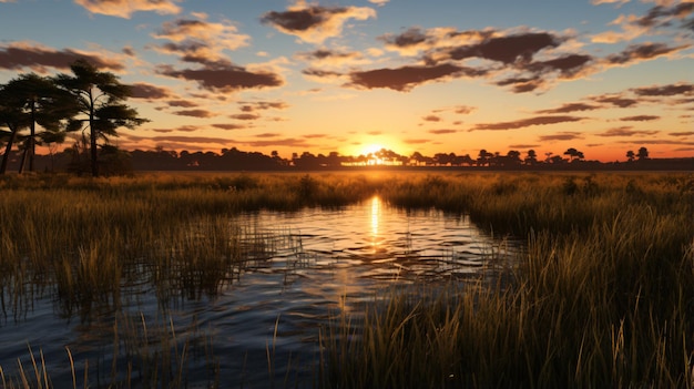 The sun is setting over a marshy area with water