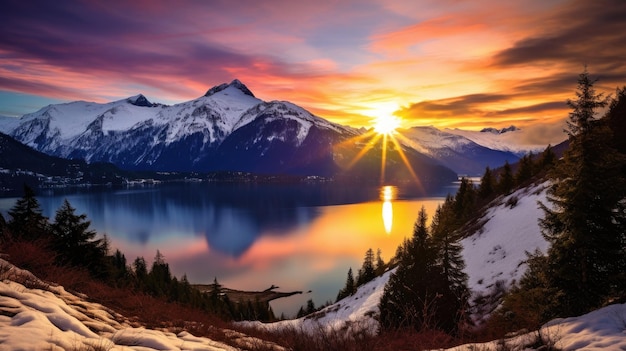 the sun is setting over a mountain lake