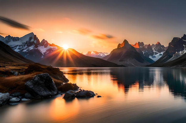 the sun is setting over a mountain lake