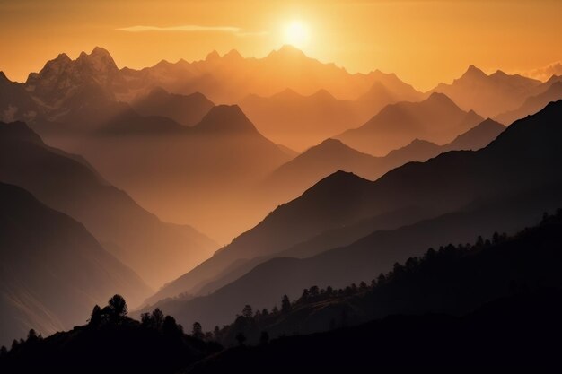 The sun is setting over a mountain range generative AI