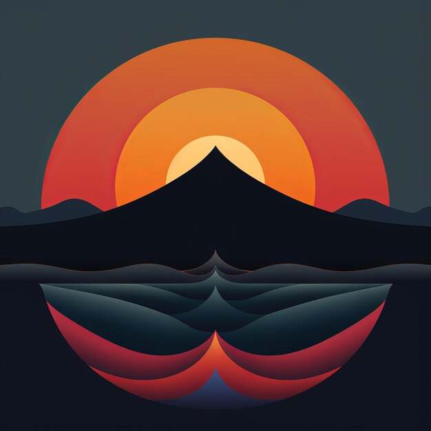 the sun is setting over a mountain with waves in the background