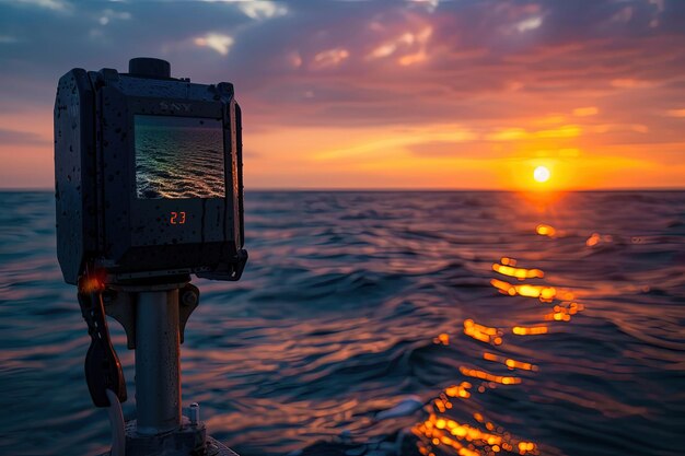 Photo the sun is setting over the ocean as seen from a boat