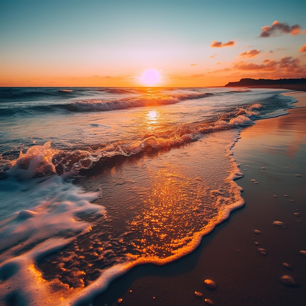 Солнце садится над океаном на пляже