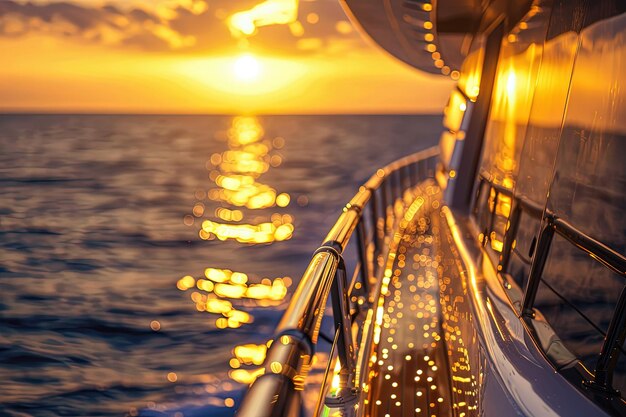 The sun is setting over the ocean on a boat