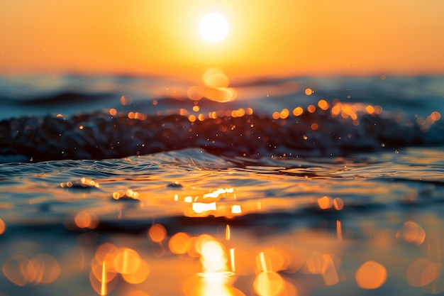 해가 바다 위에 가라앉아 물 위에 따뜻한 빛을 비추고 있습니다.