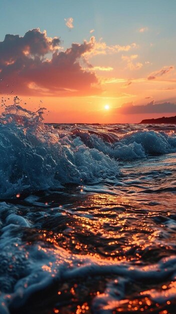 The sun is setting over the ocean waves