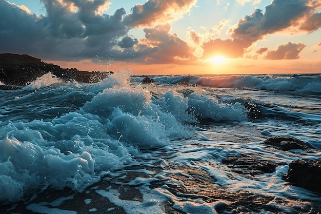 Foto il sole sta tramontando sulle onde dell'oceano