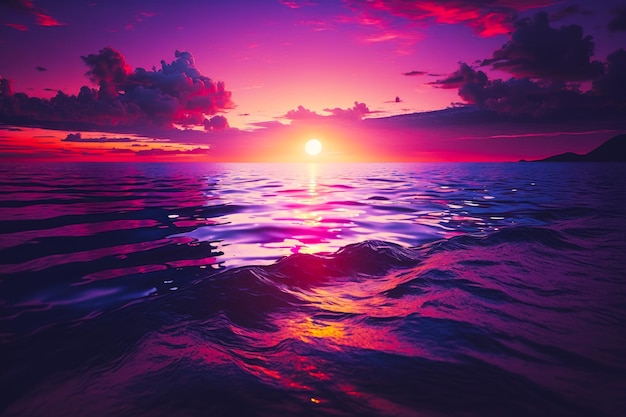 The sun is setting over the ocean with purple and pink sky over the water Generative AI