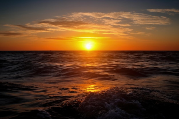 The sun is setting over the ocean with waves generative AI