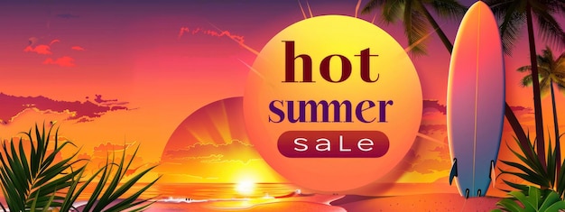 Photo the sun is setting behind palm trees on one side of the page creating a dramatic effect the text hot summer sale