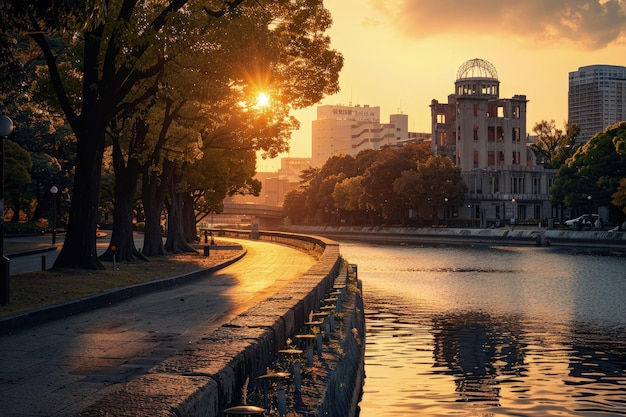 The sun is setting over a river in a city