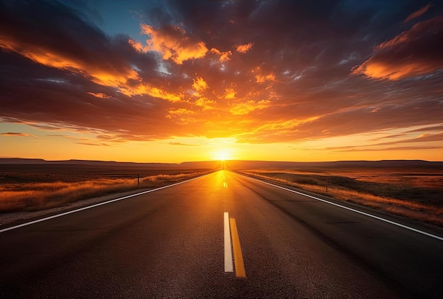 太陽が道路の向こうに沈み、雲が見えます。