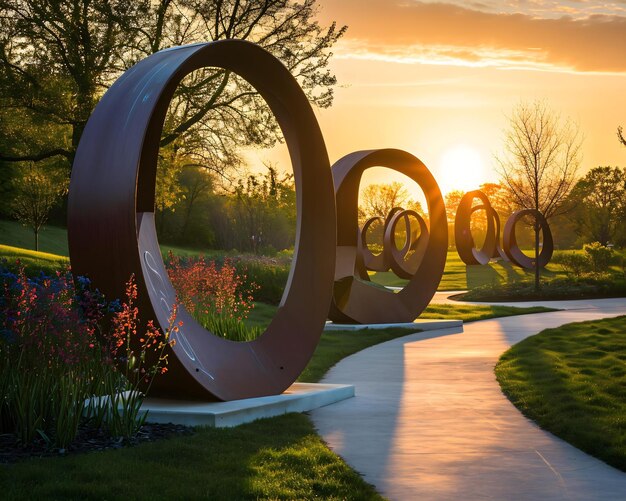 the sun is setting behind a sculpture in a park