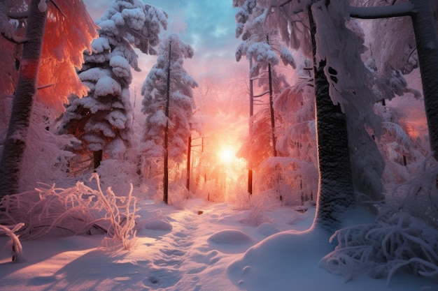 the sun is setting in a snowy forest