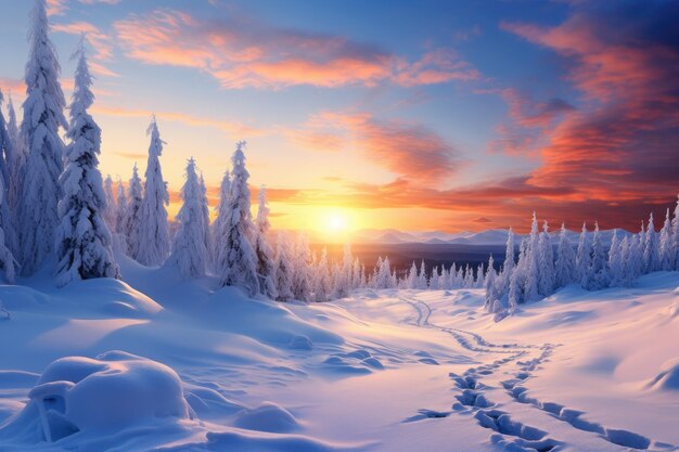 the sun is setting over a snowy landscape